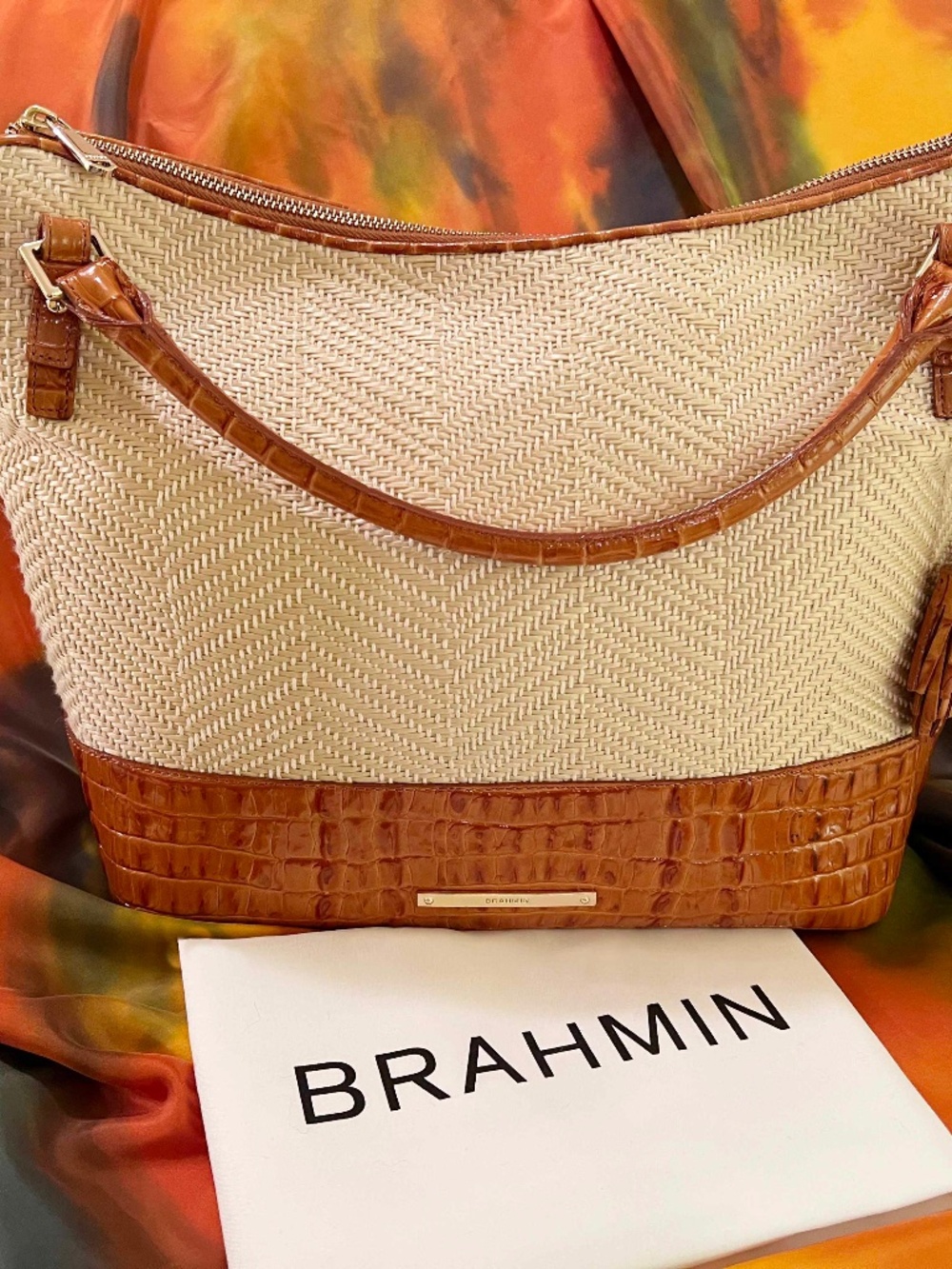 Brahmin Woven Herringbone Straw & Croc Leather Tassel Hobo Shoulder Bag